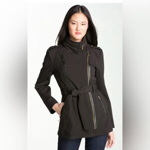 Michael Kors Black Soft Shell Asymmetrical Coat with Belt and Gold Hardware